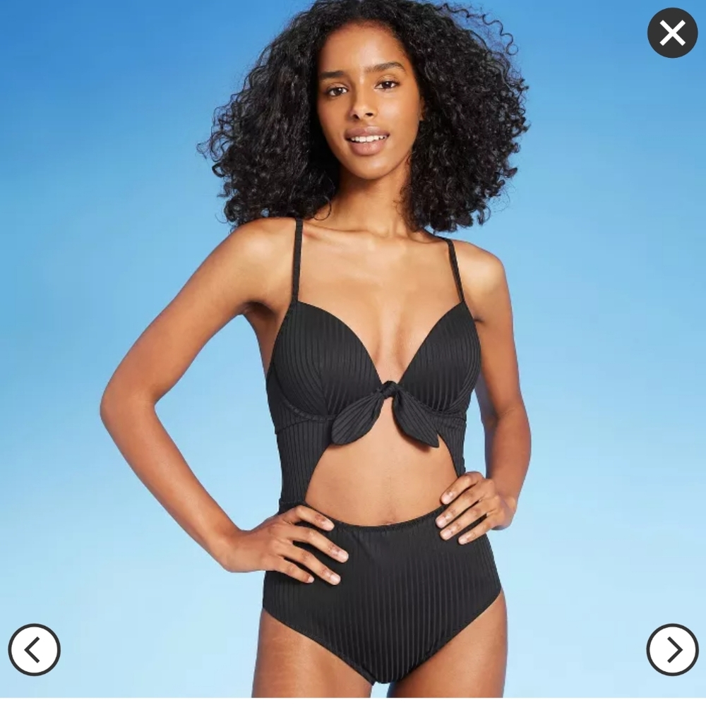 Ribbed tie front cut out black one piece